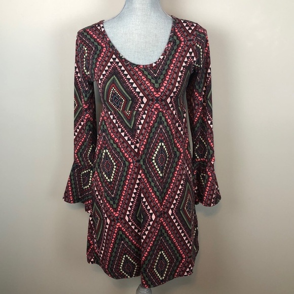 Bongo Retro Print Bell Sleeve Dress w Strap Back Size Small - Picture 4 of 11